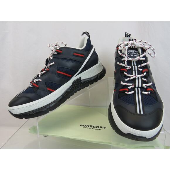 NIB BURBERRY UNION NAVY LEATHER MESH RED LOGO LOW TOP SNEAKERS 8 US 41 ITALY - Picture 9 of 12